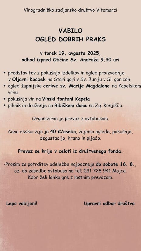 OGLED DOBRIH PRAKS; torek, 19. avgust 2025, ob 9.30 izpred Občine Sv. Andraž v Slov. goricah